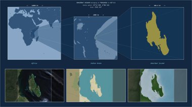 Hint Okyanusu 'ndaki Zanzibar Adası. Tanzanya' ya ait. Adanın sarı şekli ve çevresinin örnek haritalarıyla tanımlanmış konum diyagramı.
