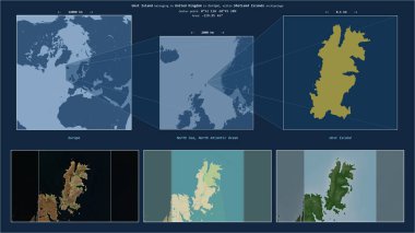 Unst Island in the North Sea - belonging to United Kingdom. Described location diagram with yellow shape of the island and sample maps of its surroundings clipart