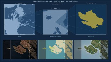 Faroe Adaları 'na ait Kuzey Atlantik Okyanusu' ndaki Vagar Adası. Adanın sarı şekli ve çevresinin örnek haritalarıyla tanımlanmış konum diyagramı.