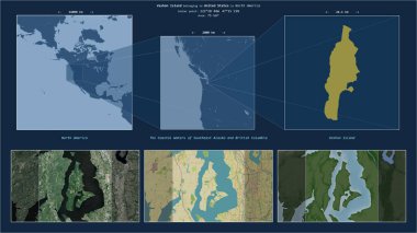 Vashon Island in the The Coastal Waters of Southeast Alaska and British Columbia - belonging to United States. Described location diagram with yellow shape of the island and sample maps of its surroundings clipart