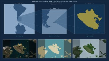 Falkland Adaları 'na ait Güney Atlantik Okyanusu' ndaki Keppel Adası. Adanın sarı şekli ve çevresinin örnek haritalarıyla tanımlanmış konum diyagramı.