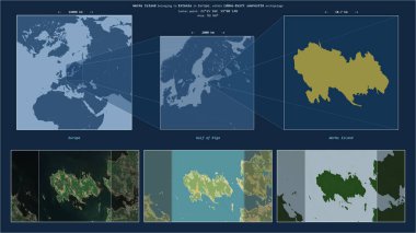 Worms Island in the Gulf of Riga - belonging to Estonia. Described location diagram with yellow shape of the island and sample maps of its surroundings clipart