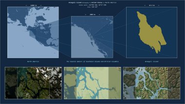 Wrangell Island in the The Coastal Waters of Southeast Alaska and British Columbia - belonging to United States. Described location diagram with yellow shape of the island and sample maps of its surroundings clipart