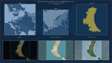 Yuzhny Island in the Kara Sea - belonging to Russia. Described location diagram with yellow shape of the island and sample maps of its surroundings clipart