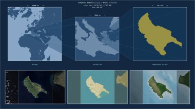 İyon Denizi 'ndeki Zakynthos Adası - Yunanistan' a ait. Adanın sarı şekli ve çevresinin örnek haritalarıyla tanımlanmış konum diyagramı.