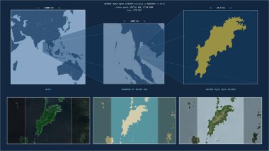 Andaman 'daki Zardet Kyee Kyun Adası ya da Myanmar' a ait Burma Denizi. Adanın sarı şekli ve çevresinin örnek haritalarıyla tanımlanmış konum diyagramı.