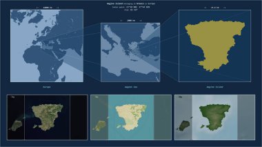 Ege Denizi 'ndeki Aegina Adası - Yunanistan' a ait. Adanın sarı şekli ve çevresinin örnek haritalarıyla tanımlanmış konum diyagramı.