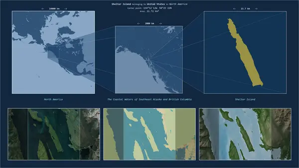 stock image Shelter Island in the The Coastal Waters of Southeast Alaska and British Columbia - belonging to United States. Described location diagram with yellow shape of the island and sample maps of its surroundings