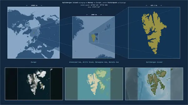 stock image Spitsbergen Island in the Barents Sea - belonging to Norway. Described location diagram with yellow shape of the island and sample maps of its surroundings