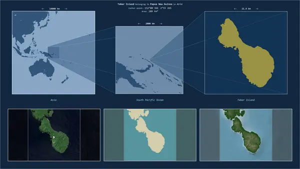 stock image Tabar Island in the South Pacific Ocean - belonging to Papua New Guinea. Described location diagram with yellow shape of the island and sample maps of its surroundings