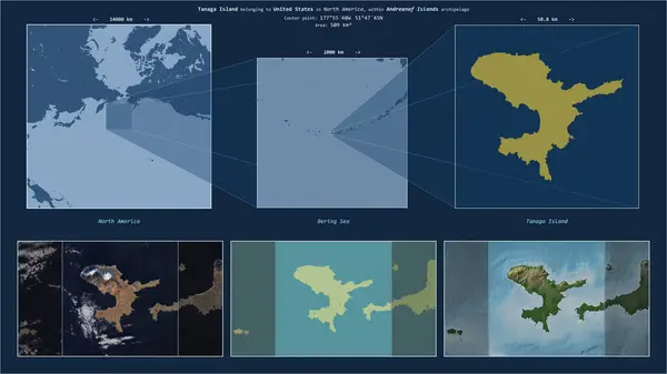 stock image Tanaga Island in the Bering Sea - belonging to United States. Described location diagram with yellow shape of the island and sample maps of its surroundings