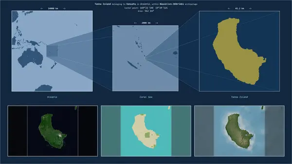 stock image Tanna Island in the Coral Sea - belonging to Vanuatu. Described location diagram with yellow shape of the island and sample maps of its surroundings