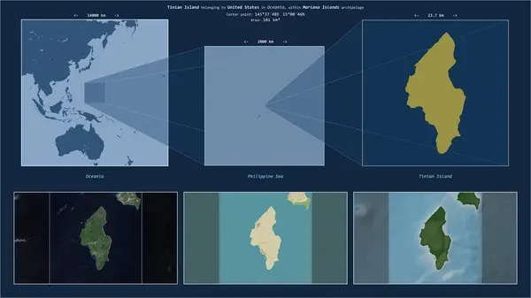 stock image Tinian Island in the Philippine Sea - belonging to United States. Described location diagram with yellow shape of the island and sample maps of its surroundings