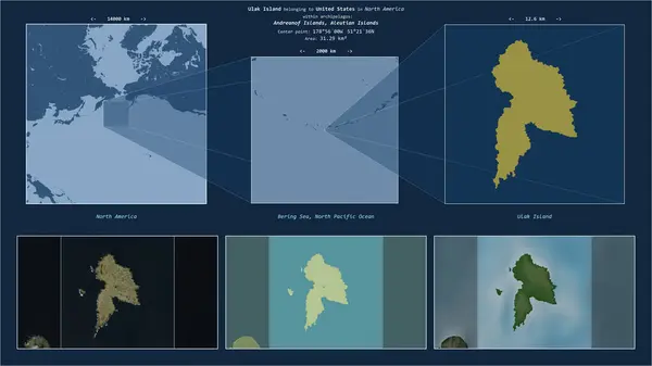 stock image Ulak Island in the Bering Sea - belonging to United States. Described location diagram with yellow shape of the island and sample maps of its surroundings