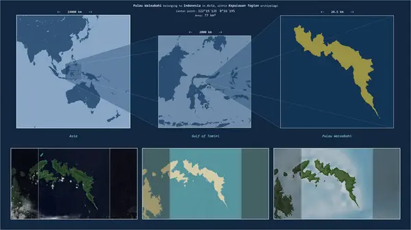 stock image Pulau Waleabahi in the Gulf of Tomini - belonging to Indonesia. Described location diagram with yellow shape of the island and sample maps of its surroundings