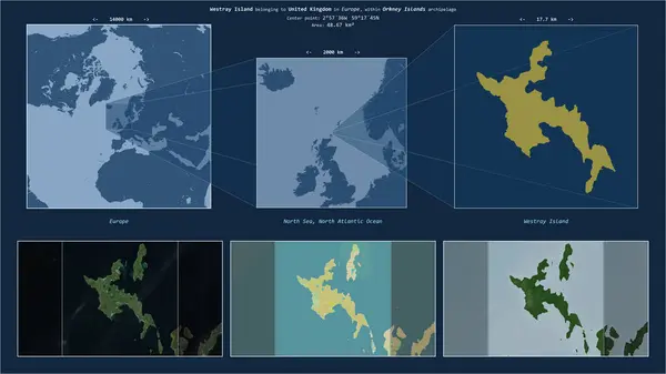 stock image Westray Island in the North Sea - belonging to United Kingdom. Described location diagram with yellow shape of the island and sample maps of its surroundings