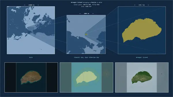 stock image Wrangel Island in the Chukchi Sea - belonging to Russia. Described location diagram with yellow shape of the island and sample maps of its surroundings