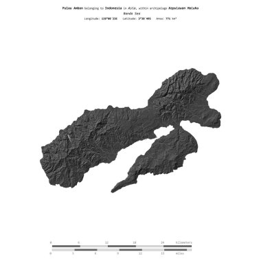 Banda Denizi 'ndeki Pulau Ambon, Endonezya' ya ait, bir bilek yüksekliği haritasında izole edilmiş, mesafe ölçeğinde.
