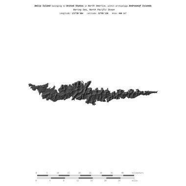 Amlia Island in the Bering Sea, belonging to United States, isolated on a bilevel elevation map, with distance scale clipart