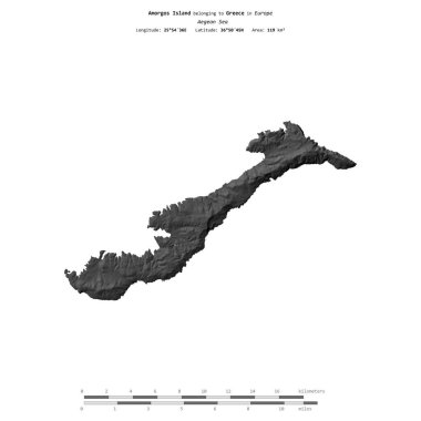 Yunanistan 'a ait Ege Denizi' ndeki Amorgos Adası, uzaklık ölçeğinde bir bilek yüksekliği haritasında izole edilmiş.