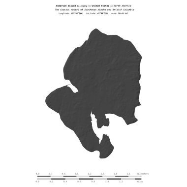 Anderson Adası, Güneydoğu Alaska ve British Columbia 'nın sahil sularında, Birleşik Devletlere ait, bir bilek yüksekliği haritasında izole edilmiş, mesafe ölçeğinde.