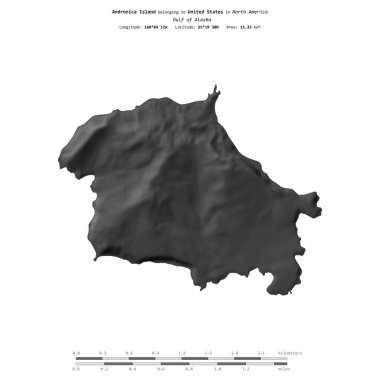 Alaska Körfezi 'ndeki Andronica Adası, Amerika Birleşik Devletleri' ne ait, bir bilek yüksekliği haritasında izole edilmiş, mesafe ölçeğinde.
