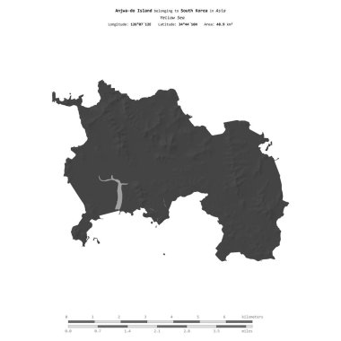 Güney Kore 'ye ait olan Sarı Deniz' deki Anjwa-do Adası, uzaklık ölçeğinde bir bilek yüksekliği haritasında izole edilmiştir.