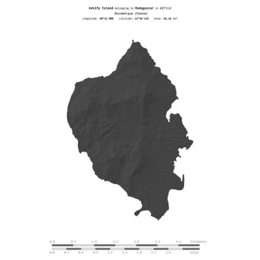Madagaskar 'a ait Mozambik Kanalı' ndaki Ankify Adası, bir bilek yüksekliği haritasında izole edilmiş, mesafe ölçeğinde.