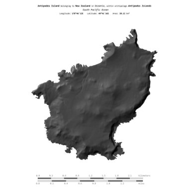 Güney Pasifik Okyanusu 'ndaki Antipodes Adası, Yeni Zelanda' ya ait, bir bilek yüksekliği haritasında izole edilmiş, mesafe ölçeğinde.