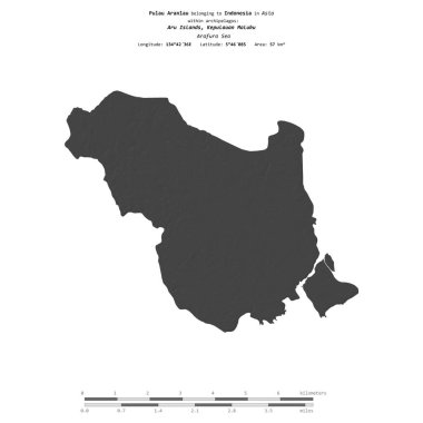 Endonezya 'ya ait Arafura Denizi' ndeki Pulau Aranlau, bir bilek yüksekliği haritasında izole edilmiş, mesafe ölçeğinde.
