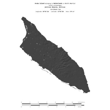 Hollanda 'ya ait Karayip Denizi' ndeki Aruba Adası, bir bilek yüksekliği haritasında izole edilmiş, mesafe ölçeğinde.