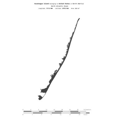 Amerika Birleşik Devletleri 'ne ait Kuzey Atlantik Okyanusu' ndaki Assateague Adası, bir bilek yüksekliği haritasında izole edilmiş, mesafe ölçeğinde.