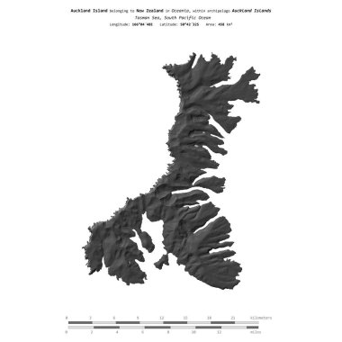 Tasman Denizi 'ndeki Auckland Adası, Yeni Zelanda' ya ait, bir bilek yüksekliği haritasında izole edilmiş, mesafe ölçeğinde.