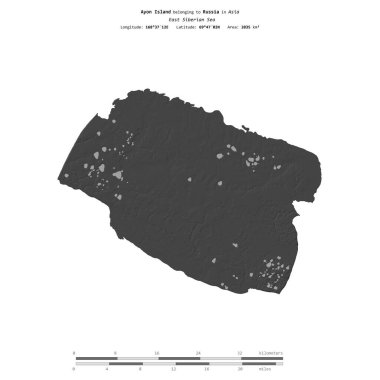 Rusya 'ya ait Doğu Sibirya Denizi' ndeki Ayon Adası, bir bileklik yükseklik haritasında izole edilmiş, mesafe ölçeğinde.