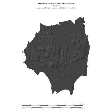 Badu Island in the Coral Sea, belonging to Australia, isolated on a bilevel elevation map, with distance scale clipart