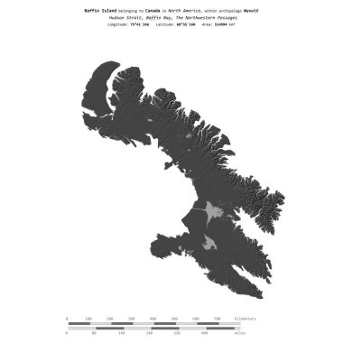 Kanada 'ya ait Baffin Körfezi' ndeki Baffin Adası, bir bilek yüksekliği haritasında izole edilmiş, mesafe ölçeğinde.