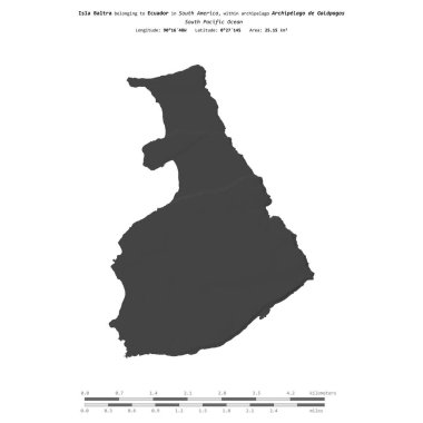 Güney Pasifik Okyanusu 'ndaki Baltra Adası, Ekvador' a ait, bir bilek yüksekliği haritasında izole edilmiş, mesafe ölçeğinde.