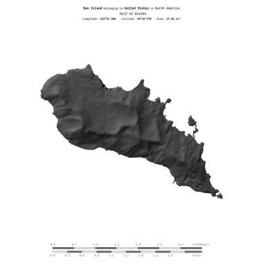 Alaska Körfezi 'ndeki Ban Adası, Amerika Birleşik Devletleri' ne ait, bir bileklik yükseklik haritasında izole edilmiş, mesafe ölçeğinde.