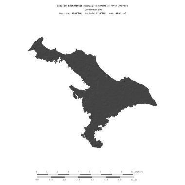 Isla de Bastimentos in the Caribbean Sea, belonging to Panama, isolated on a bilevel elevation map, with distance scale clipart