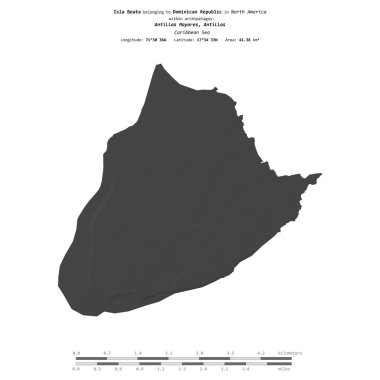 Karayip Denizi 'ndeki Beata Adası, Dominik Cumhuriyeti' ne ait, bir bilek yüksekliği haritasında izole edilmiş, mesafe ölçeğinde.