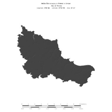 Biscay Körfezi 'ndeki Belle-Ile, Fransa' ya ait, bir bilek yüksekliği haritasında izole edilmiş, mesafe ölçeğinde.
