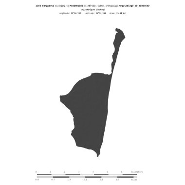 Ilha Benguerua in the Mozambique Channel, belonging to Mozambique, isolated on a bilevel elevation map, with distance scale clipart