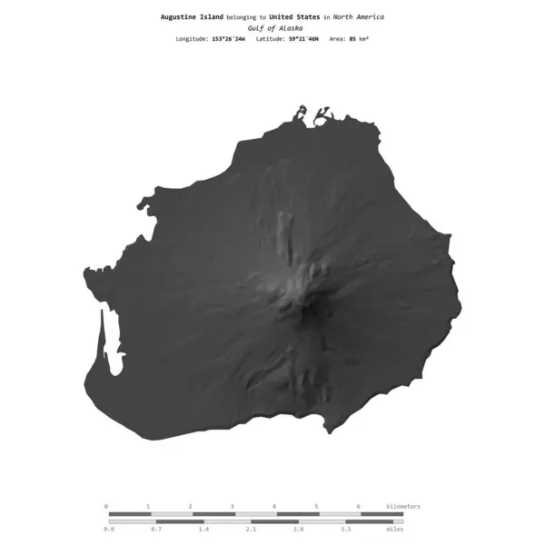 stock image Augustine Island in the Gulf of Alaska, belonging to United States, isolated on a bilevel elevation map, with distance scale