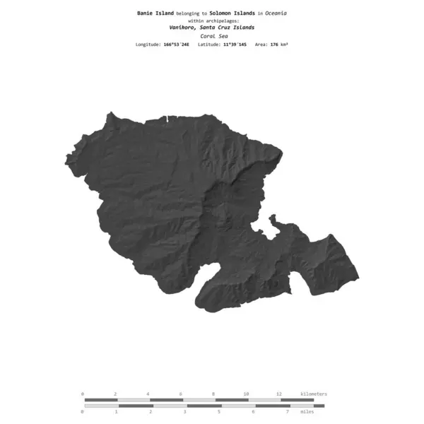 stock image Banie Island in the Coral Sea, belonging to Solomon Islands, isolated on a bilevel elevation map, with distance scale