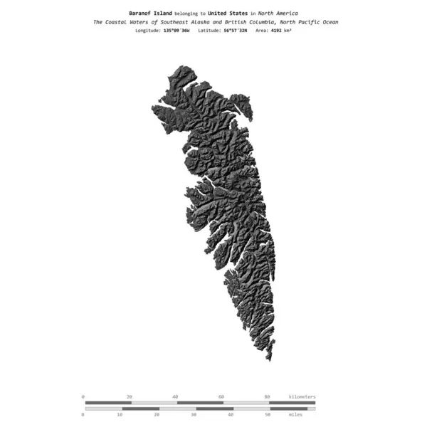 stock image Baranof Island in the North Pacific Ocean, belonging to United States, isolated on a bilevel elevation map, with distance scale