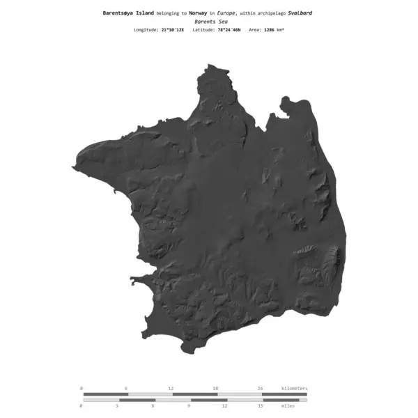 stock image Barentsya Island in the Barents Sea, belonging to Norway, isolated on a bilevel elevation map, with distance scale