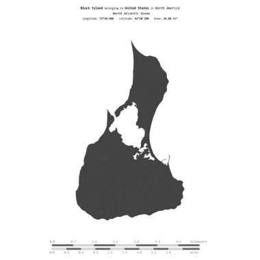 Amerika Birleşik Devletleri 'ne ait Kuzey Atlantik Okyanusu' ndaki Block Adası, bir bileklik yükseklik haritasında izole edilmiş, mesafe ölçeğinde.