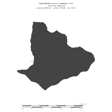 Endonezya 'ya ait Banda Denizi' ndeki Pulau Bonerate, bir bileklik yükseklik haritasında izole edilmiş, mesafe ölçeğinde.