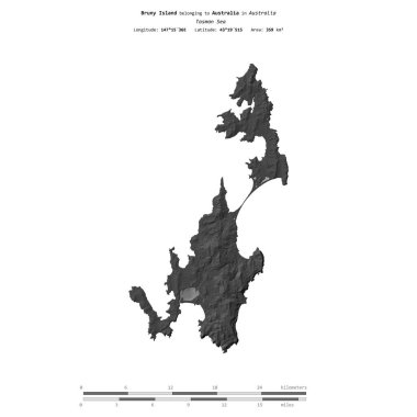 Tasman Denizi 'ndeki Bruny Adası, Avustralya' ya ait, bir bilek yüksekliği haritasında izole edilmiş, mesafe ölçeğinde.