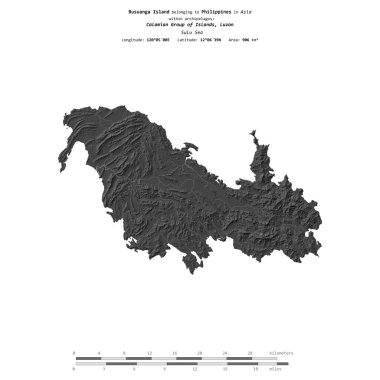Filipinler 'e ait Sulu Denizi' ndeki Busuanga Adası, uzaklık ölçeğinde bir bilek yüksekliği haritasında izole edilmiştir.